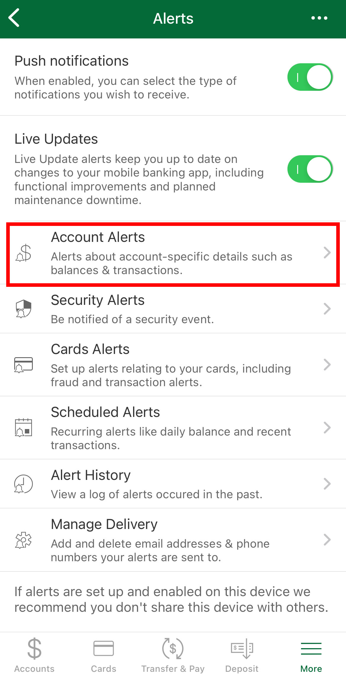 Mobile App Alerts Account Alerts