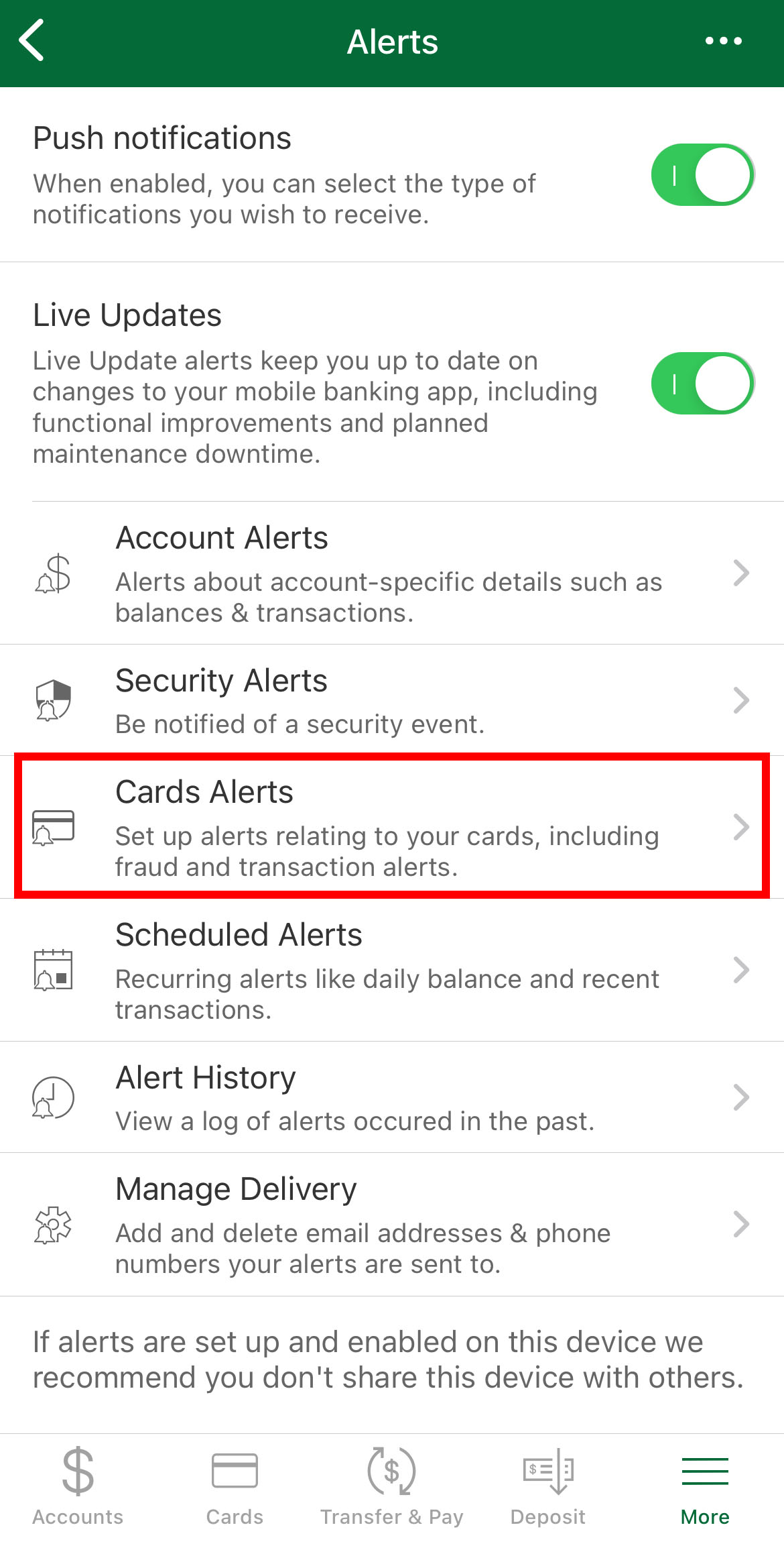 Mobile App Cards Alerts Highlighted
