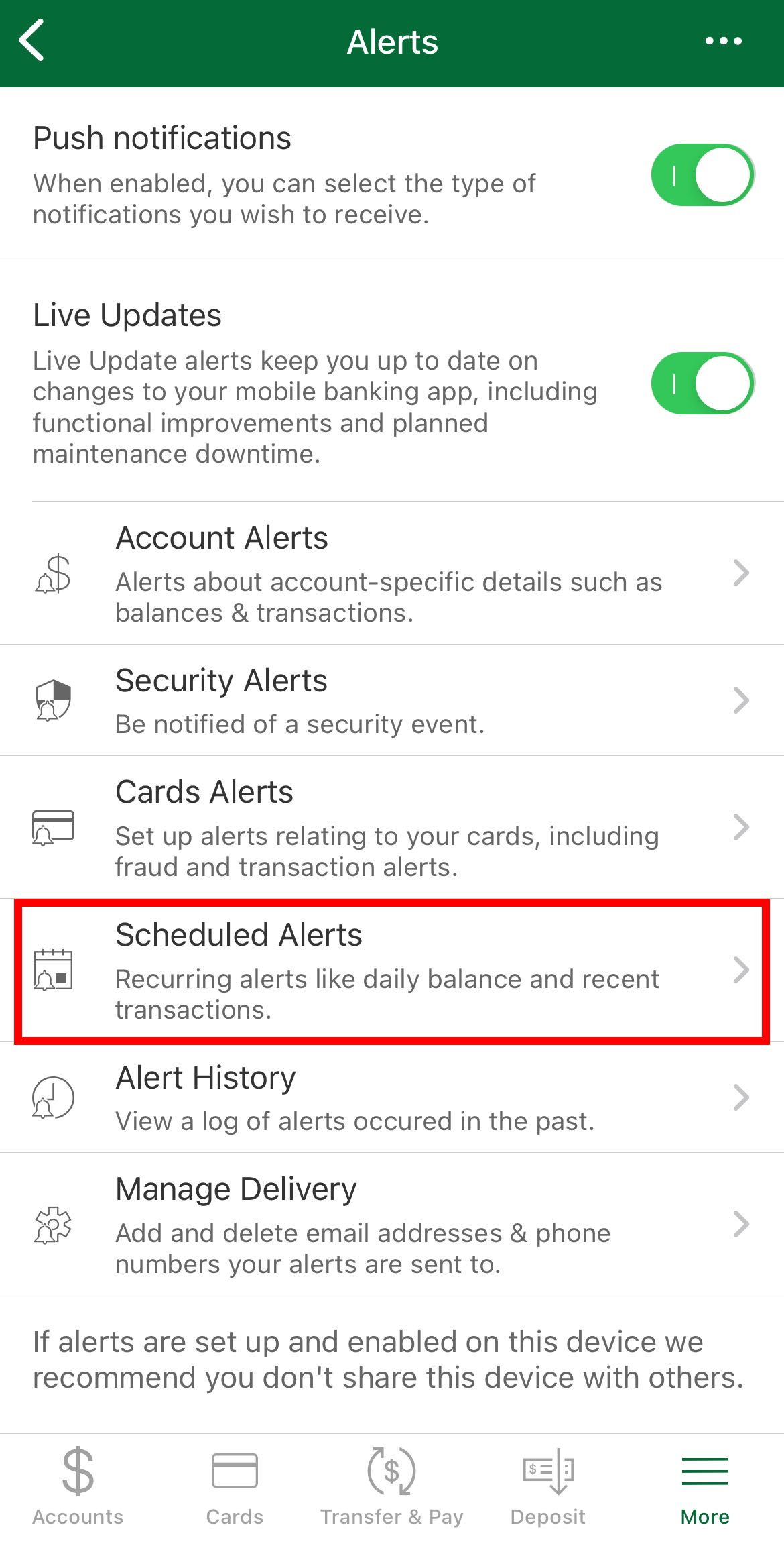Mobile App Schedule Alerts Highlighted